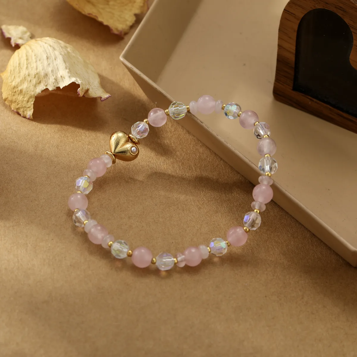 Heart Charm Pink Bead Bracelet — view 1