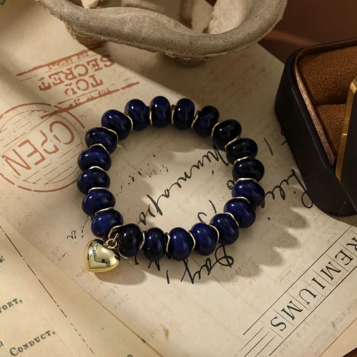 Heart Charm Navy Bead Bracelet — view 1