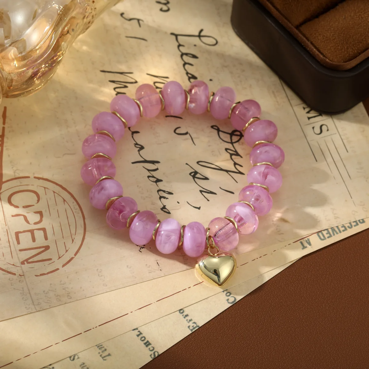 Heart Charm Pink Bead Bracelet — view 1