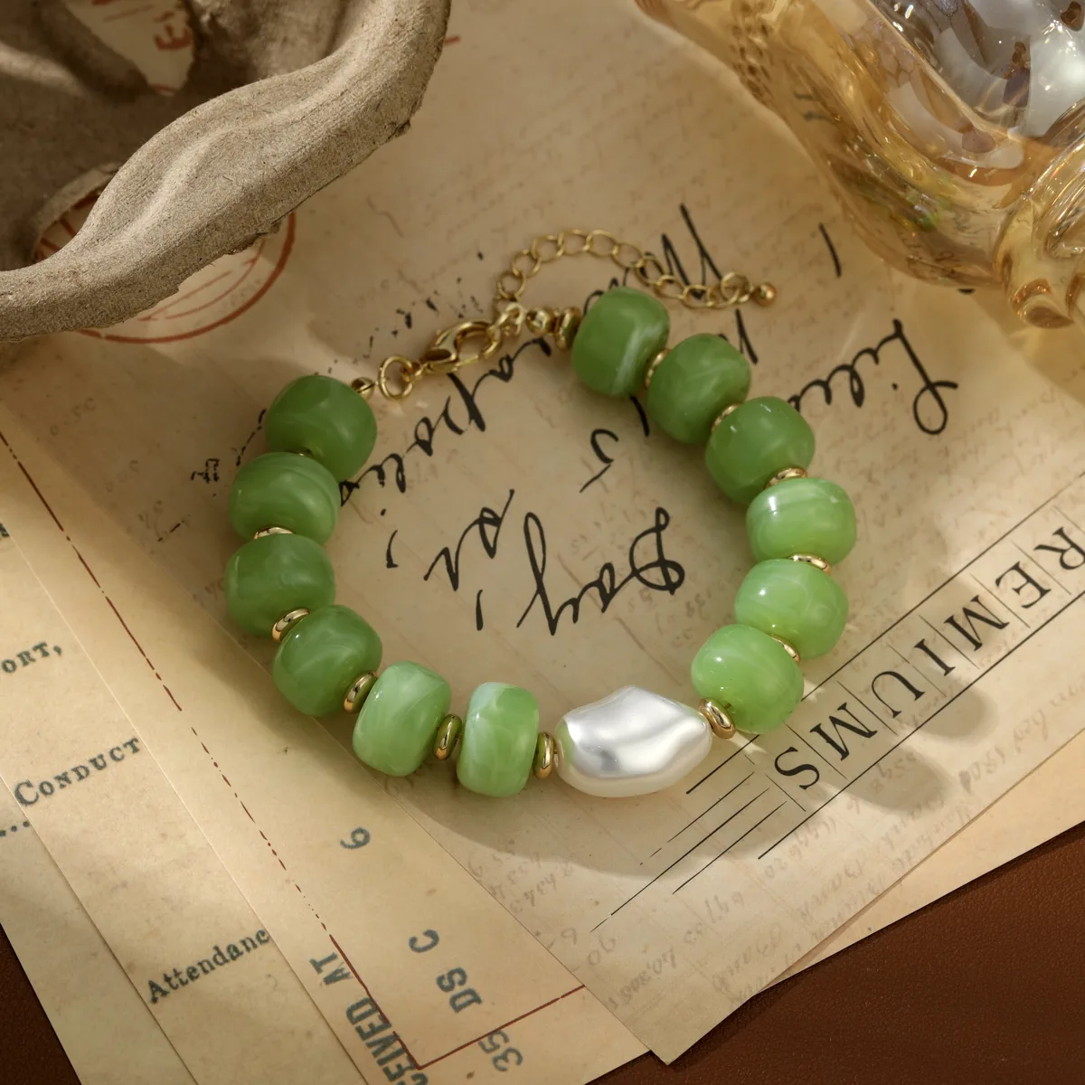 Irregular White Accent Green Bead Bracelet — view 1