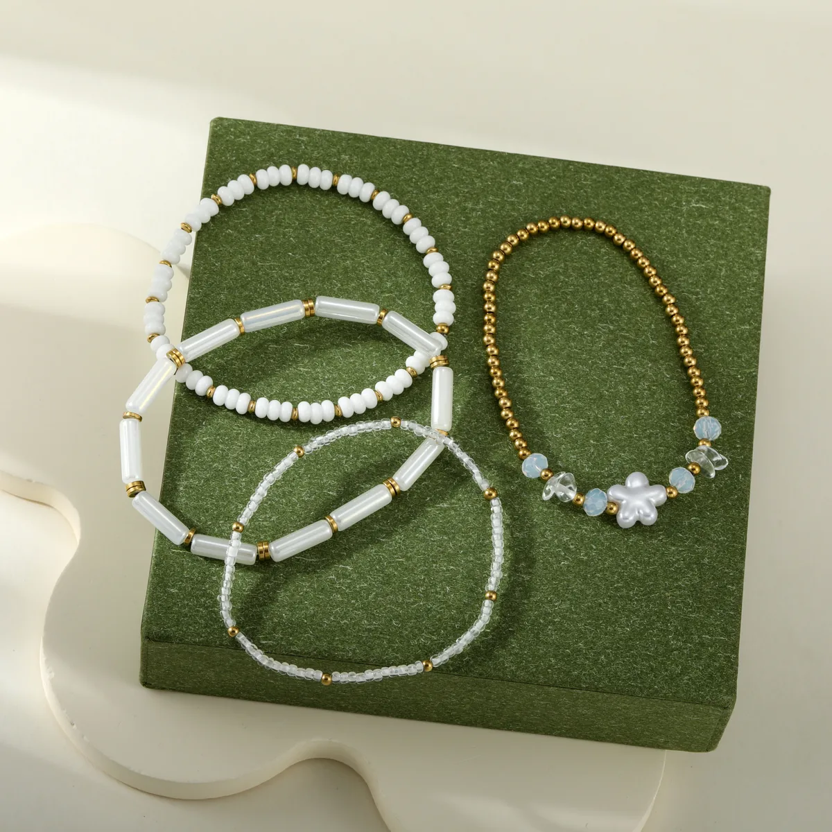 White Geometric Bead Bracelet Set — view 1