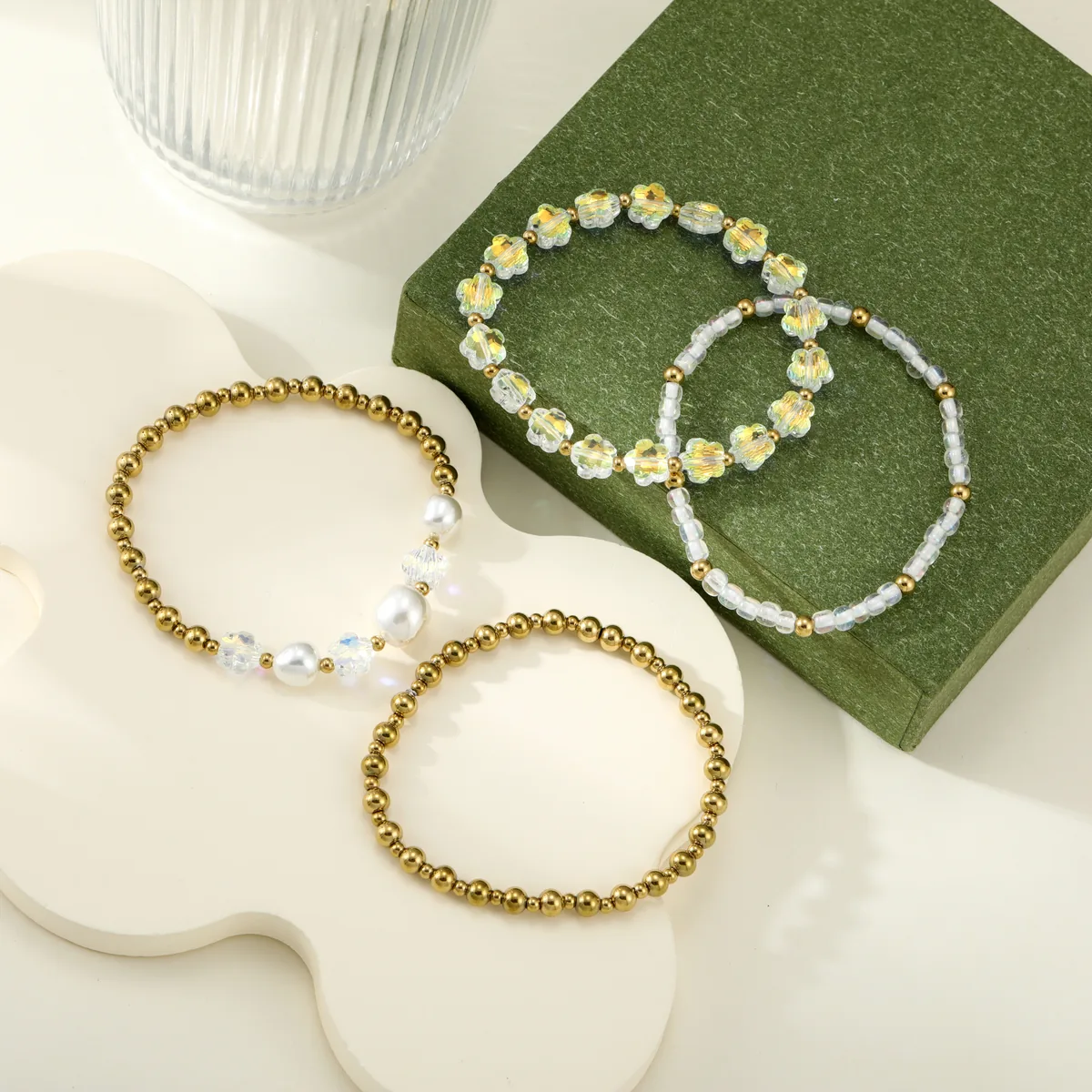 White Floral Layered Bracelet Set — view 1