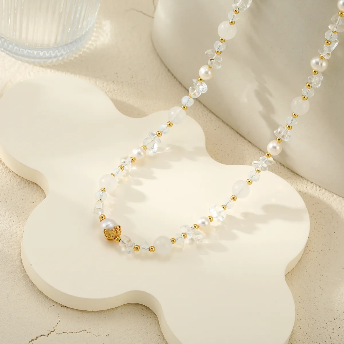 White Bead Floral Necklace — view 1